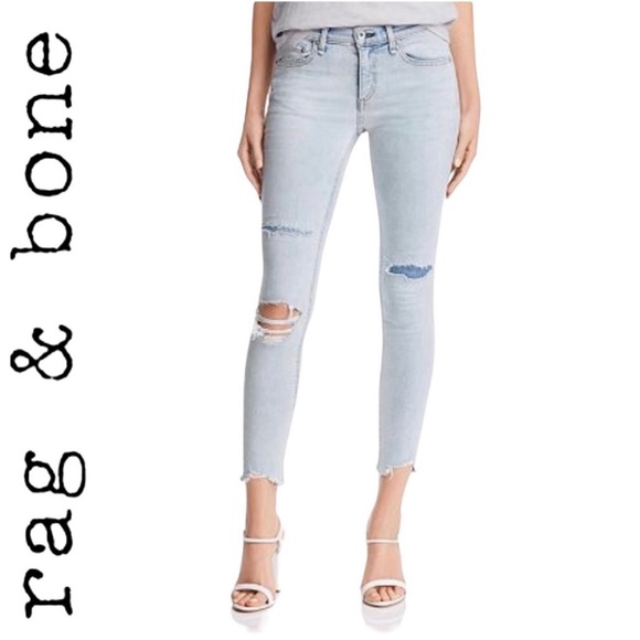 Rag & Bone Ankle Skinny Jeans in Lynn Holes 28 Chewed Hem Patchwork Light Wash - Picture 16 of 16
